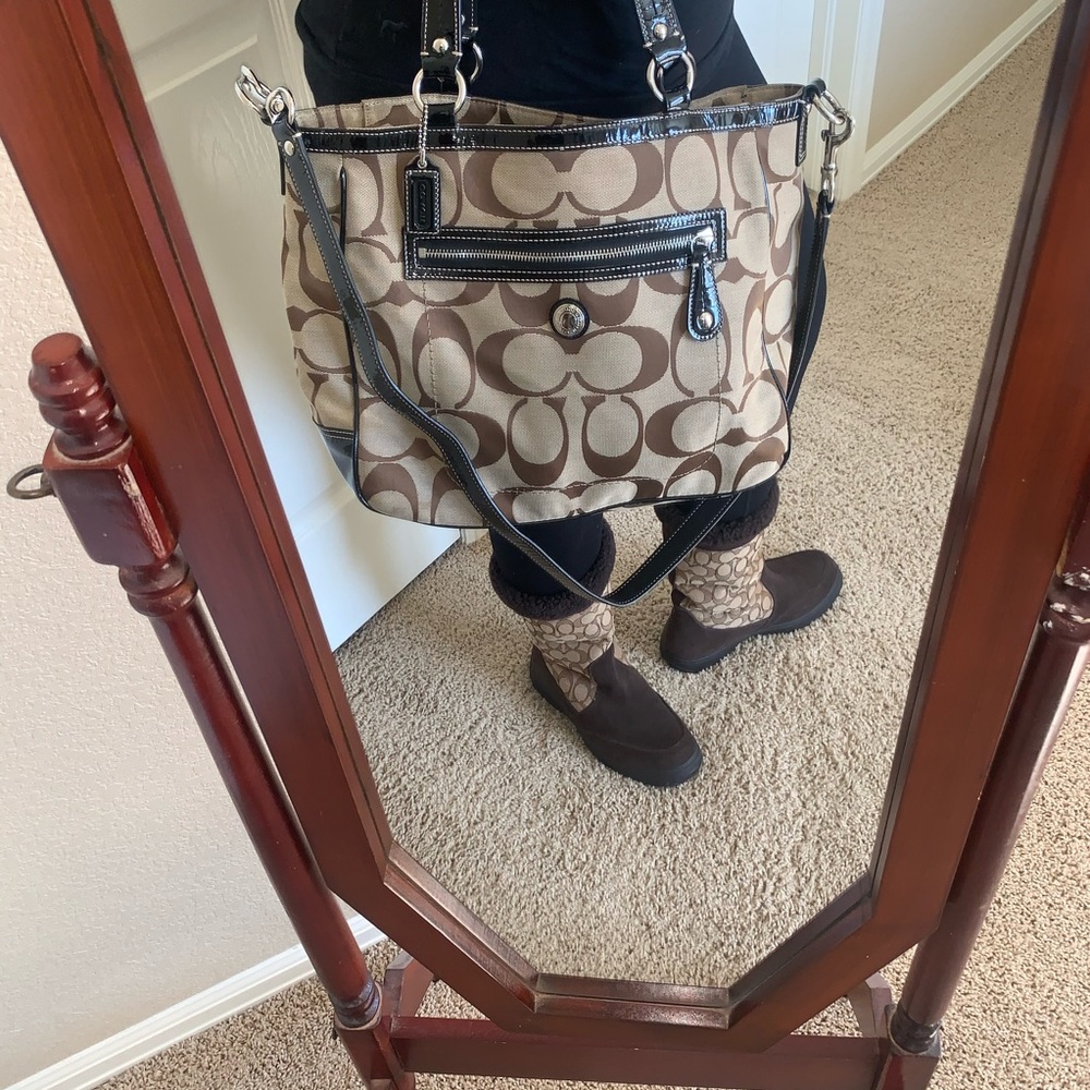 Brown and tan Coach tote with crossbody strap